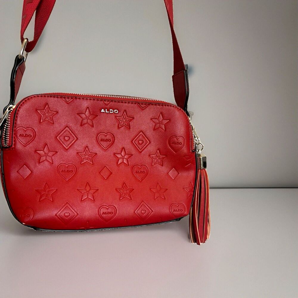 ALDO Red Embossed Geometric Crossbody Bag Adjustable Strap Tassel Zip